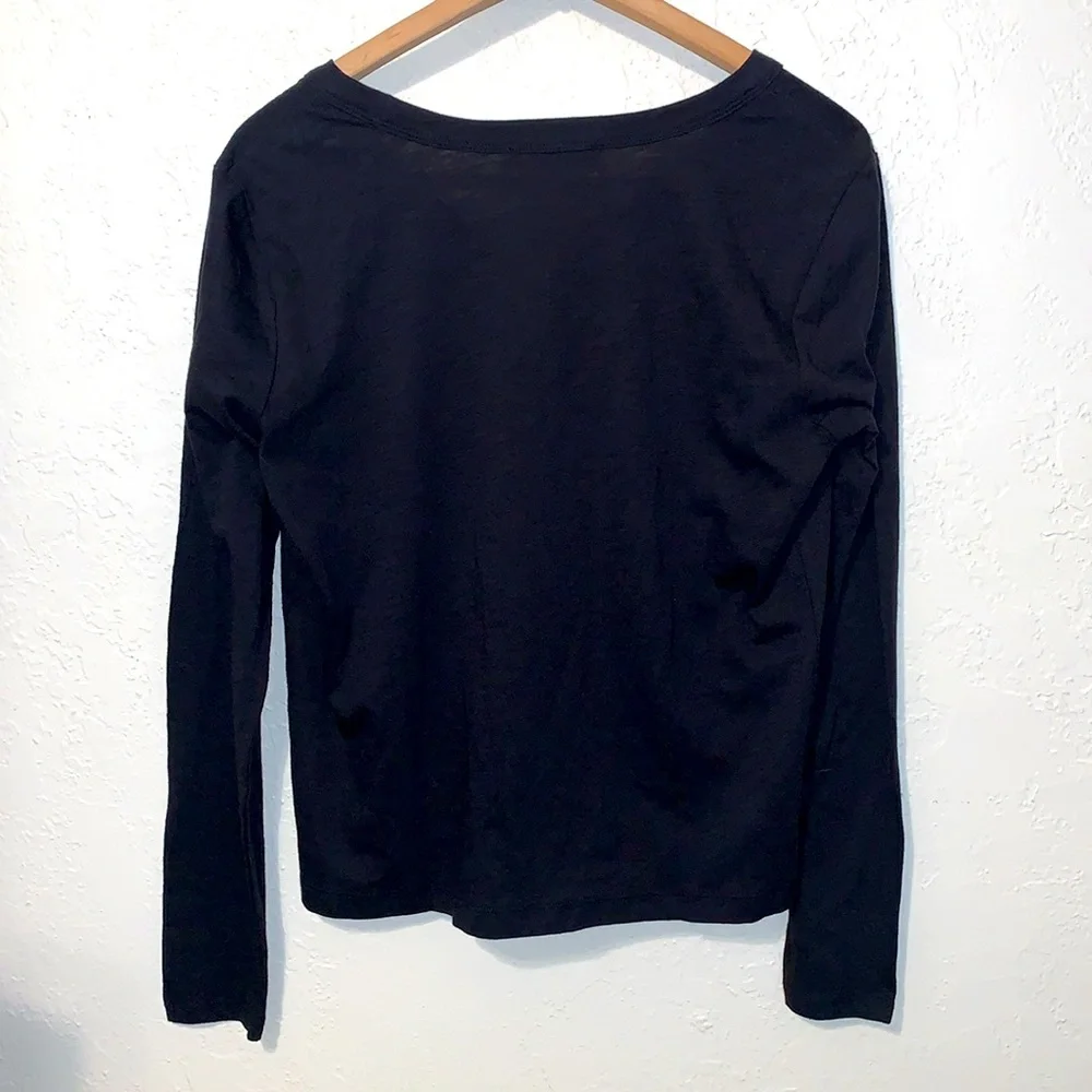 Loft Long Sleeve T Shirt V Neck Black Fitted Lightweight Ruched Front Large
